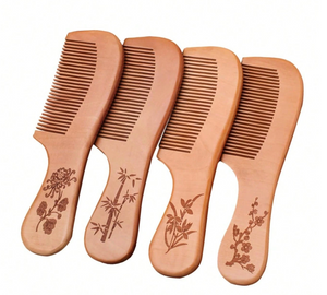 1pc Large Peach Wood Anti-Static Handy Hair Comb, Gift Comb With Plum, Orchid, Bamboo, Chrysanthemum Pattern
