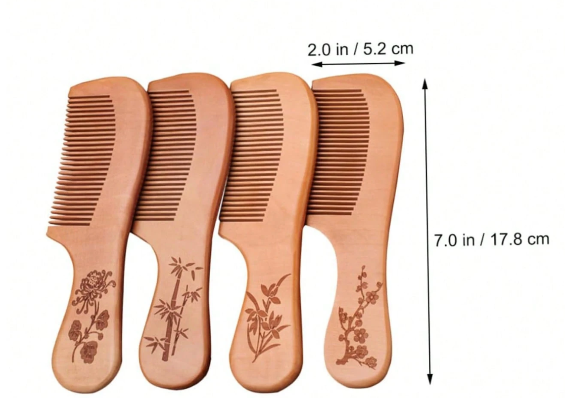1pc Large Peach Wood Anti-Static Handy Hair Comb, Gift Comb With Plum, Orchid, Bamboo, Chrysanthemum Pattern