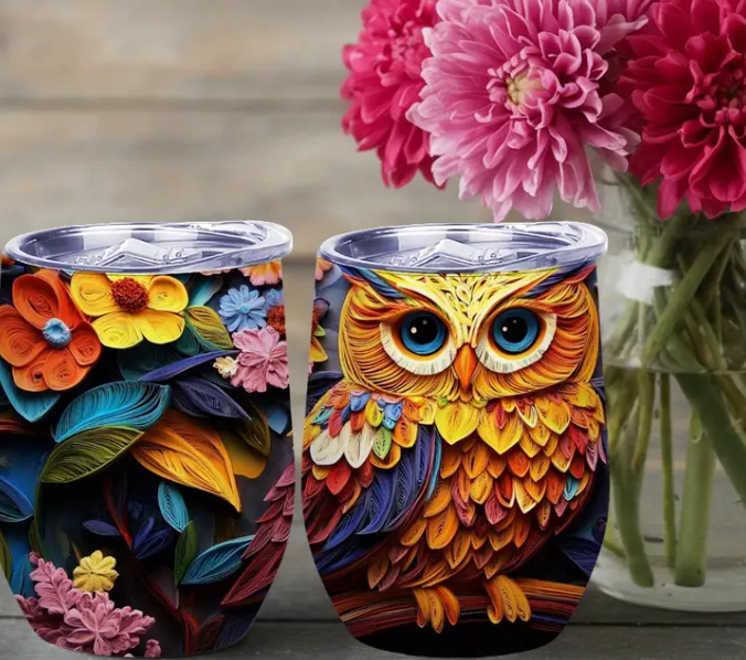 1pc 12oz Owl & Floral Stainless Steel Insulated Coffee Mug, Eggshell-Shaped.