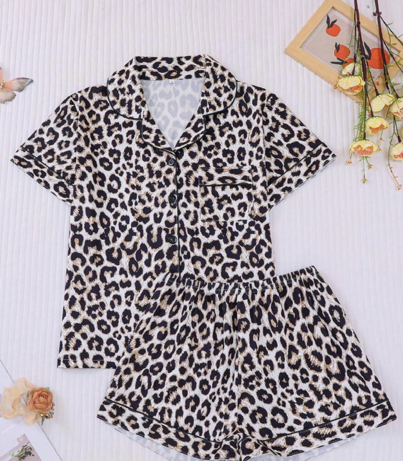 2pcs/Set Women Leopard Print Texture Sleepwear Outfit, Short Sleeve Lapel Cardigan Top
