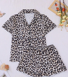 2pcs/Set Women Leopard Print Texture Sleepwear Outfit, Short Sleeve Lapel Cardigan Top