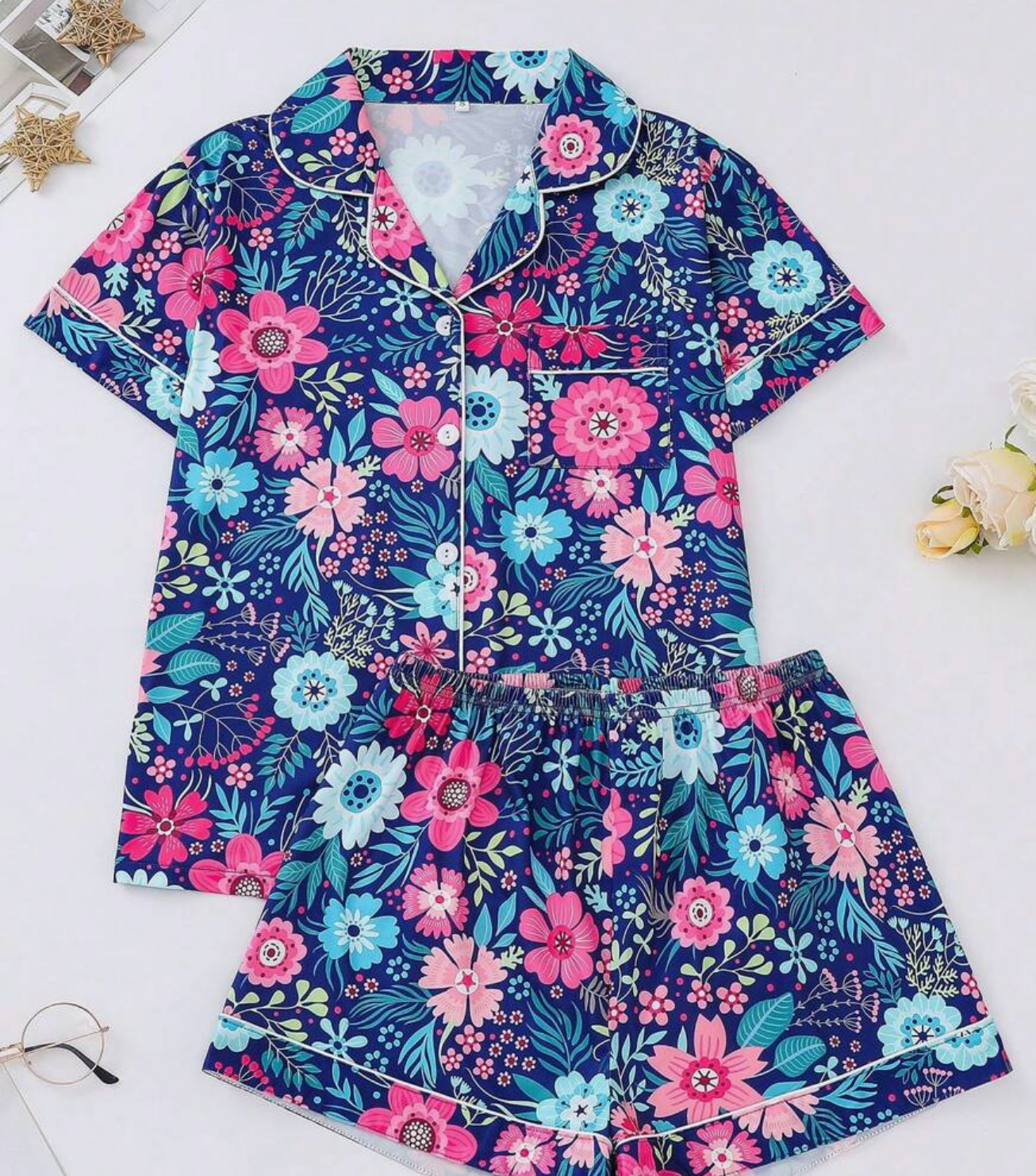 2pcs Set Sunflower Print Women's Outerwear Pajamas, Short Sleeve Shirt