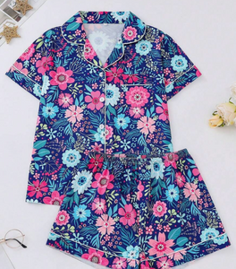 2pcs Set Sunflower Print Women's Outerwear Pajamas, Short Sleeve Shirt