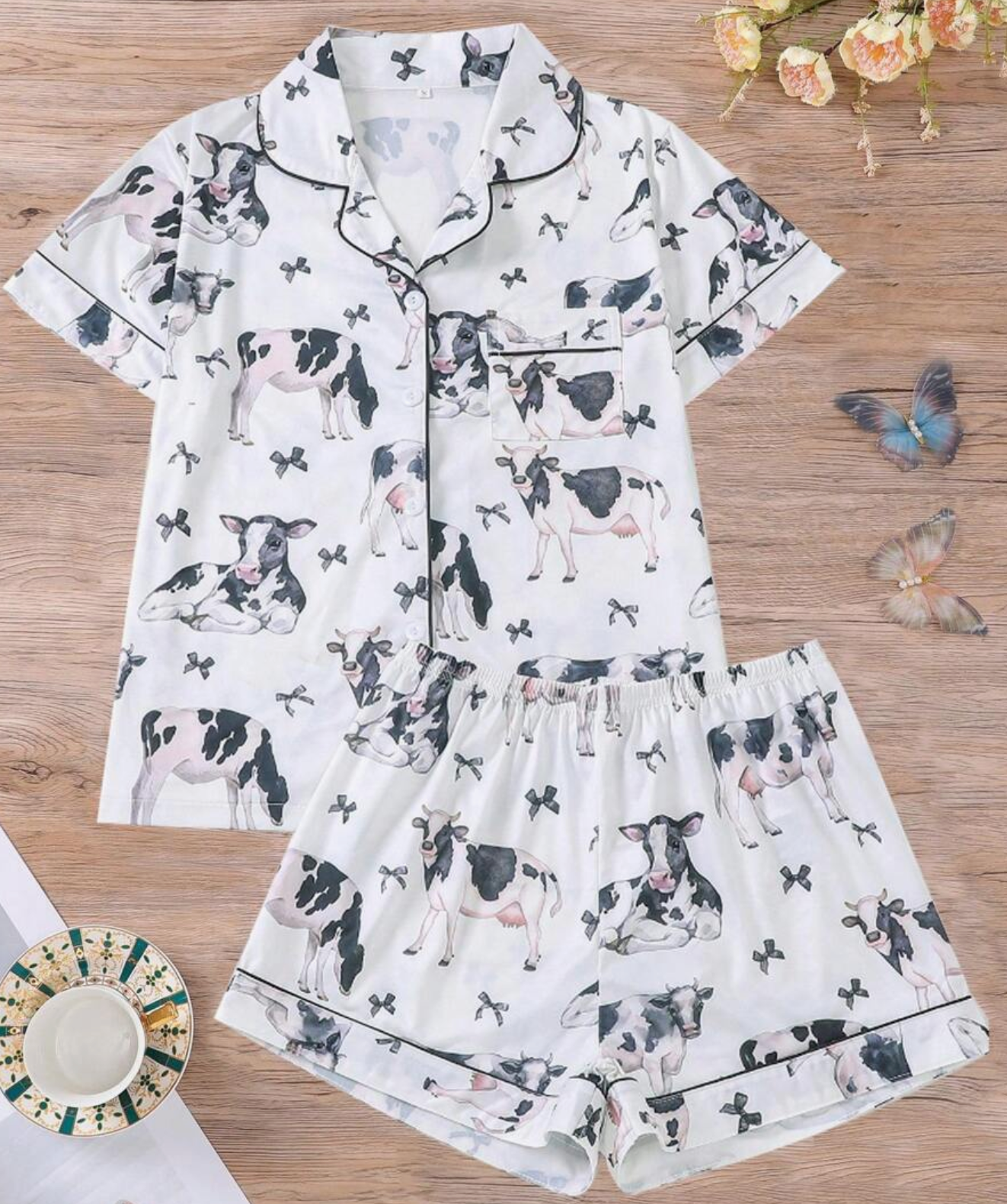 2 Pieces Cow Print Pajama Set, Button-Up Short Sleeve Shirt Top And Loose Elastic Shorts