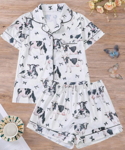 2 Pieces Cow Print Pajama Set, Button-Up Short Sleeve Shirt Top And Loose Elastic Shorts