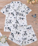 2 Pieces Cow Print Pajama Set, Button-Up Short Sleeve Shirt Top And Loose Elastic Shorts