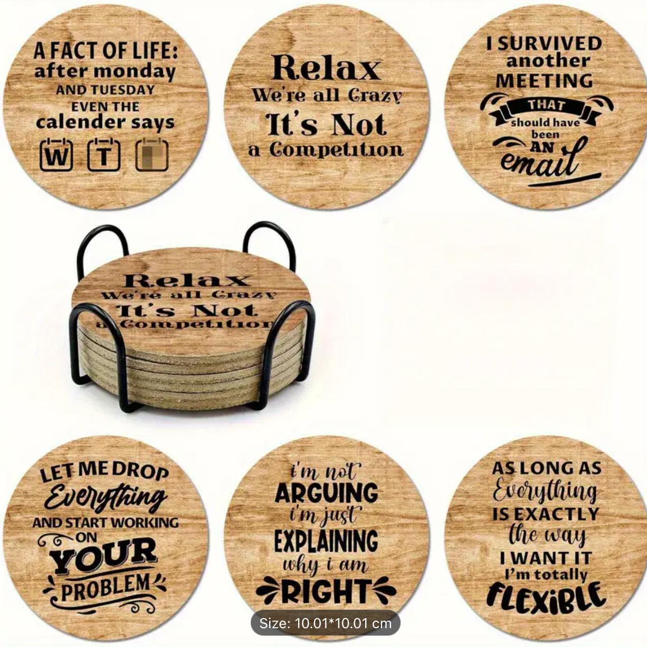 6pcs Set of Simple Style Inspirational Quote Round Coaster, Art Wood Color Coffee Mat, Suitable for Dining Table, Cafe, Party And Outdoor Picnic And Office Decoration, Non-Slip Wooden Dining Mat