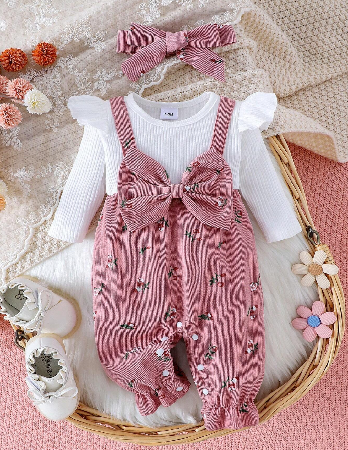 Baby Girl Ditsy Floral Jumpsuit With Bow Decor & Headband, Spring Autumn