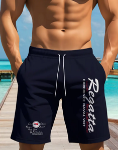 Men's Summer Casual Beach Shorts - Navy Blue Geometric Print