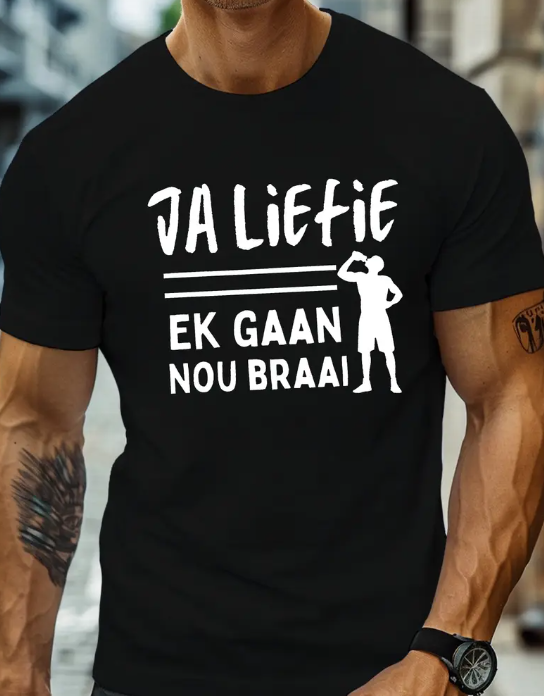 Men's Funny Afrikaans Saying T-Shirt - Royal Blue Crew Neck Tee with "Ja, lief ek gaan nou braai!" - Lightweight Summer Shirt for BBQs, Gifts & Casual Attire - Machine Washable Casual Top, Funny T Shirts,