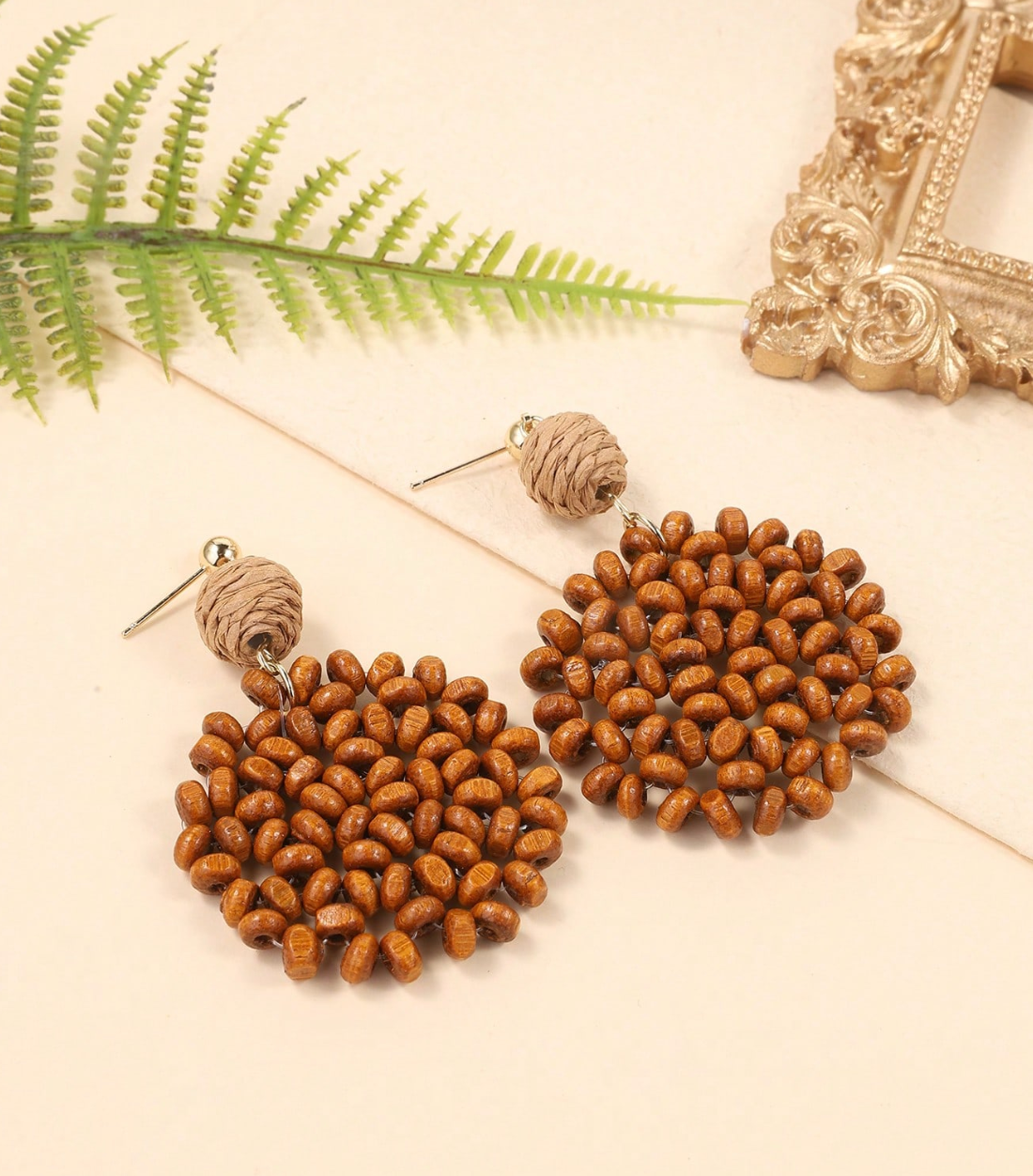 1 Pair Handcrafted Exotic Wood Bead Woven Earrings, Coffee Brown And Light Brown Bead Decor, Naturalism Design,