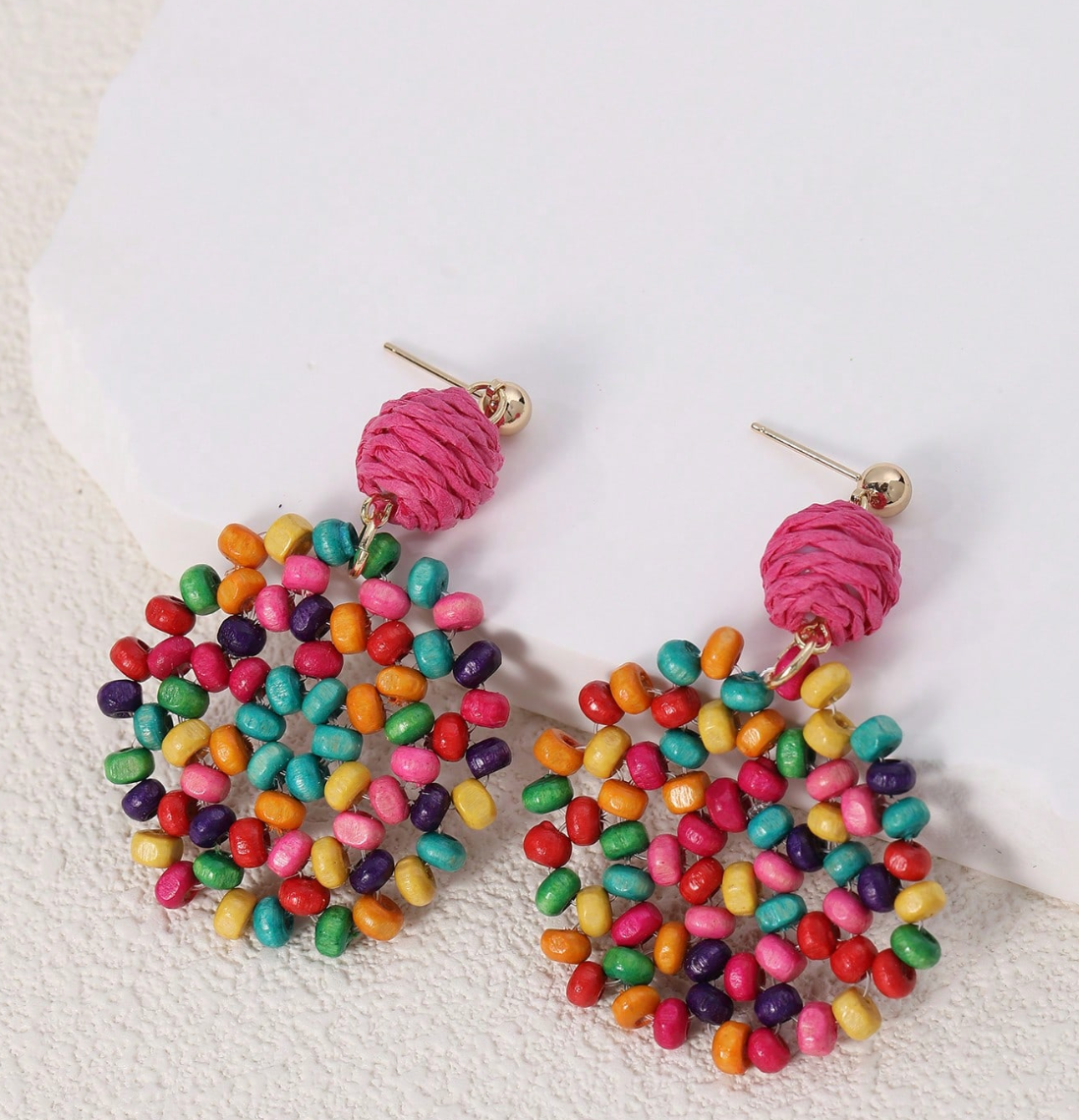 Boho Wooden Color Block Bead Decor Round Drop Earrings