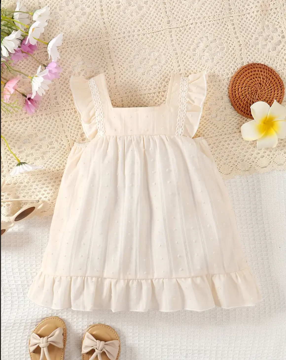 Girls' Apricot-Colored Dress & Sleeveless Casual Summer New Floral Mesh Dress for Girls with Sleeveless Top & Beautiful Cute Summer New Sweet Style Spring Dress for Girls & a Dress That Is Perfect for Outdoor Wear.