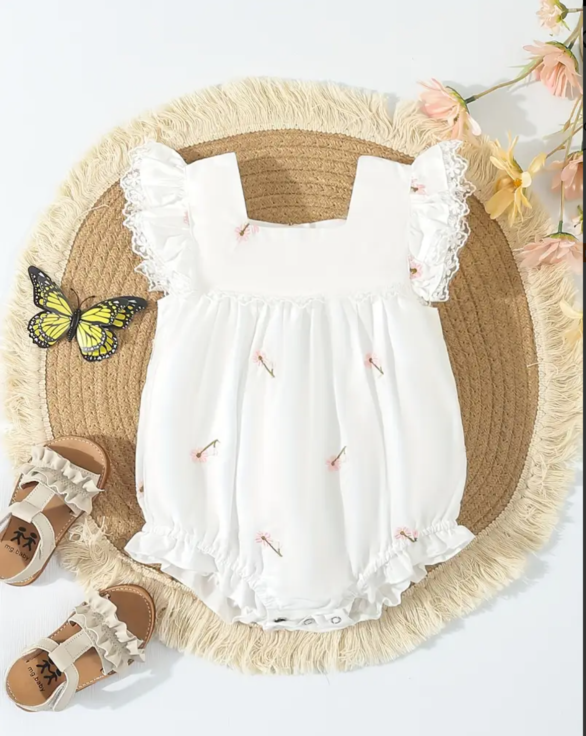 Baby Girl 100% Cotton Cute Embroidered Flower Onesie For Summer Outdoor Wear