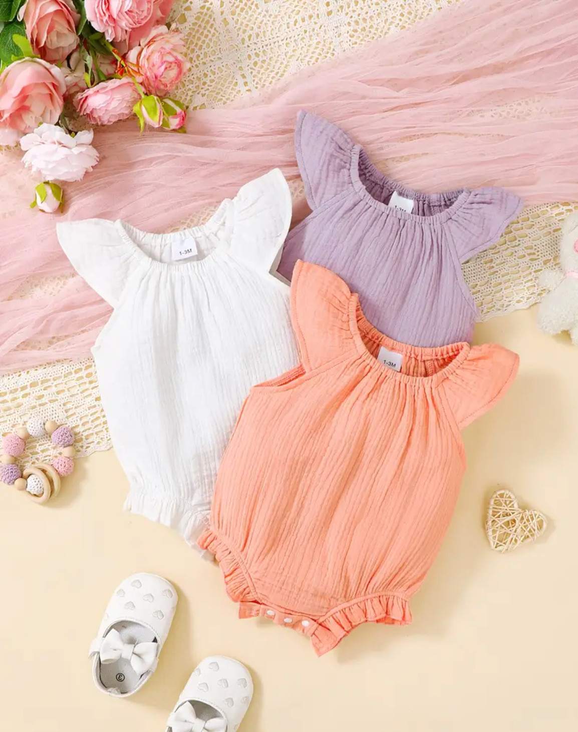 Three-piece Set for Girls: Triangle Ha Ha Clothes, Solid Color, Round Neck, Small Flying Sleeves, One-Piece, Multi-Set, Casual, Comfortable, Versatile, Pure Cotton, Simple and Cute, Basic Style