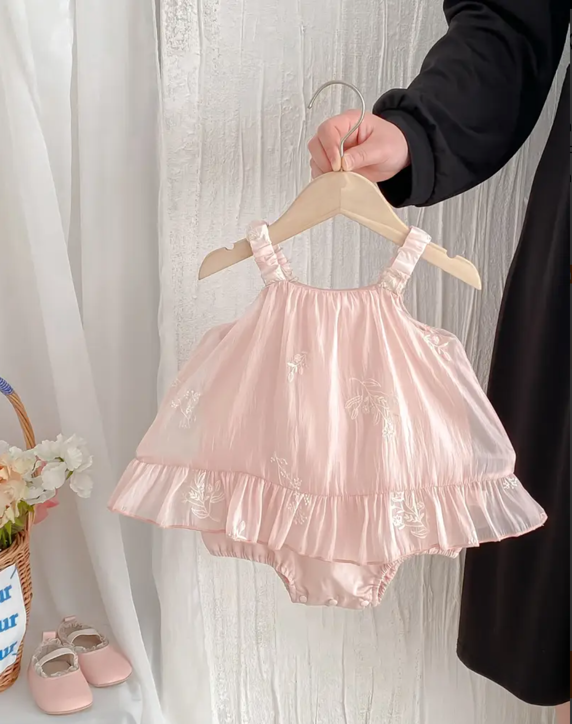 Baby Girl's Summer Dress - Sweet Floral Sleeveless Smock Dress with Ruffled Hem, Soft Pink Loose Fit for Infants & Toddlers, Breathable Lightweight Playwear, Infant Summer Wear | Gathering Detail, Baby Girl Clothes