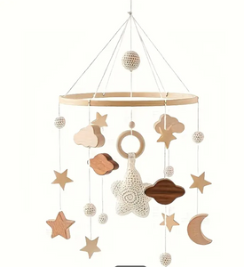 Starry Night Wooden Rattle - Handcrafted Crib & Stroller Toy for Youngsters, Softwood Material