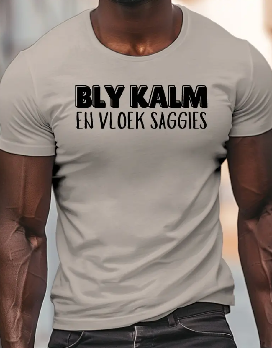 Men'S Funny Afrikaans Print T-Shirt - "Bly Kalm en Vloek Saggies" Humorous Design, Casual Crew Neck Short Sleeve Tee