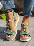 WRCVS Women Green Woven Strap Sandals, Summer Platform Thick Bottom Straw Rope Sole