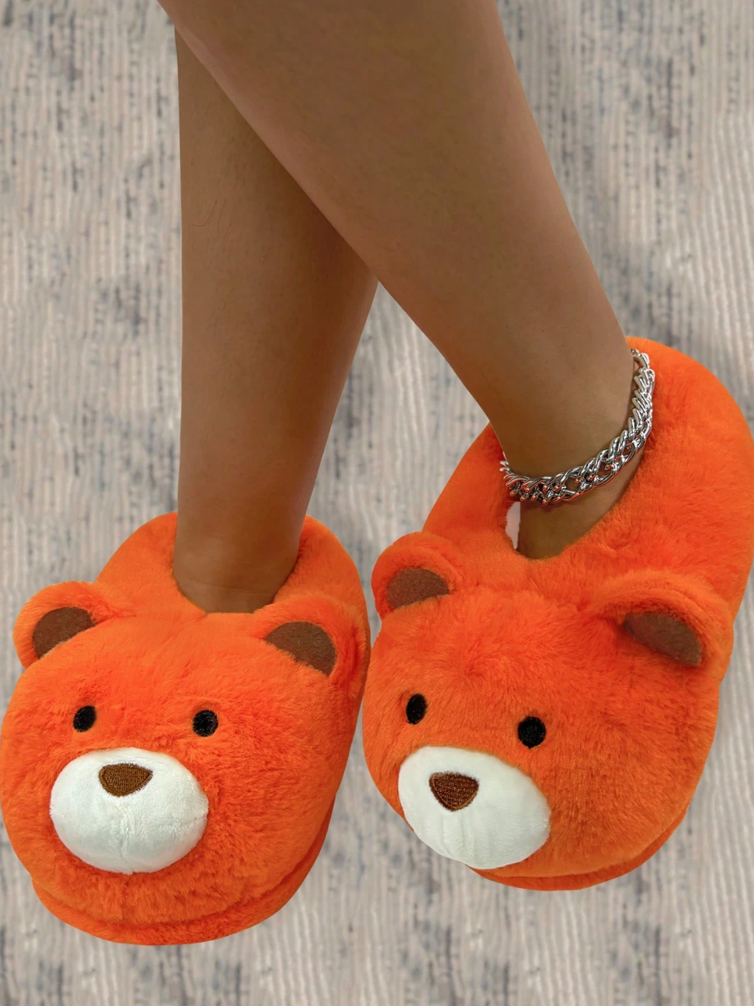 Women's Warm, Non-Slip, Lightweight Orange Embroidered Closed Toe Bear Slippers