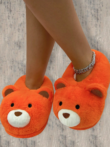 Women's Warm, Non-Slip, Lightweight Orange Embroidered Closed Toe Bear Slippers