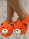 Women's Warm, Non-Slip, Lightweight Orange Embroidered Closed Toe Bear Slippers