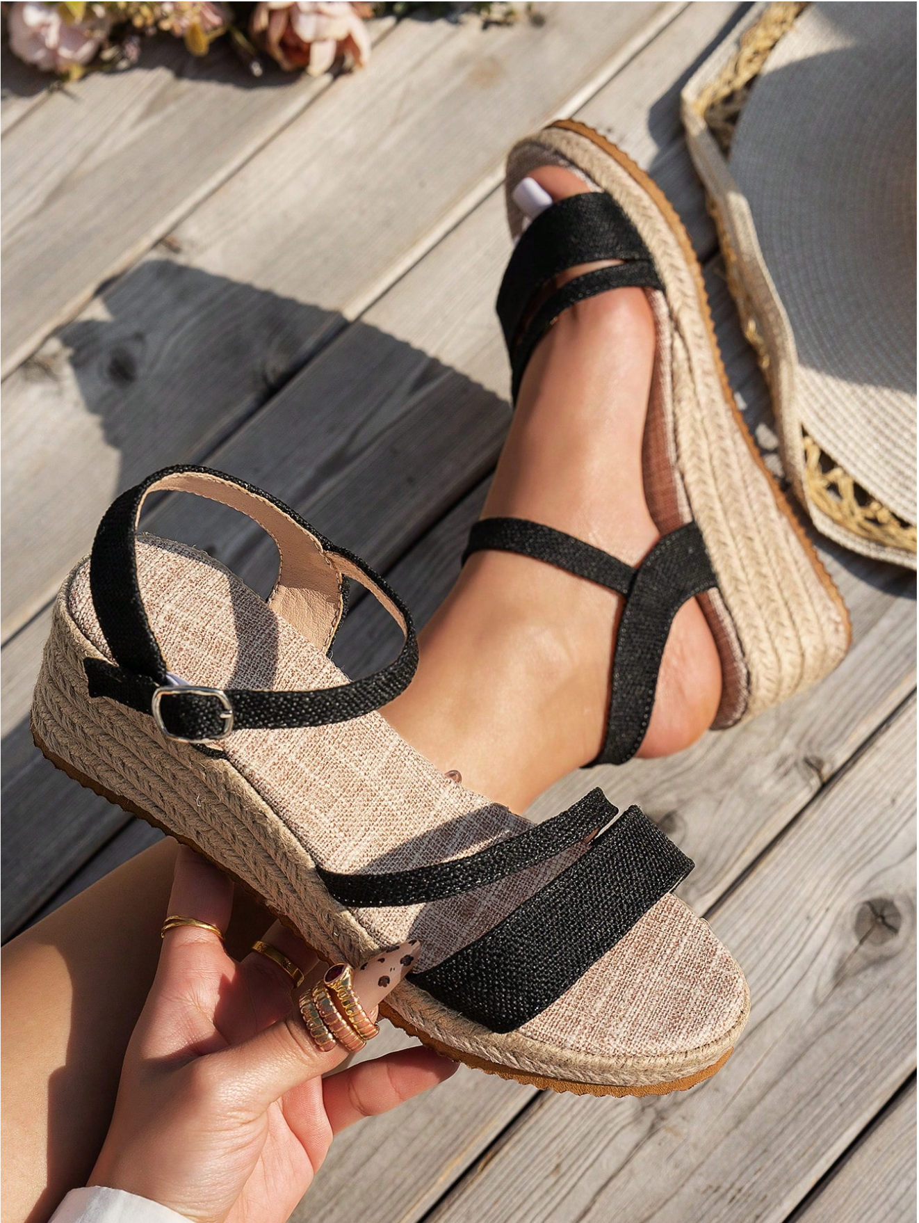 WRCVS Black Open Toe Wedge Sandals,Comfortable Platform Summer Shoes With Rope