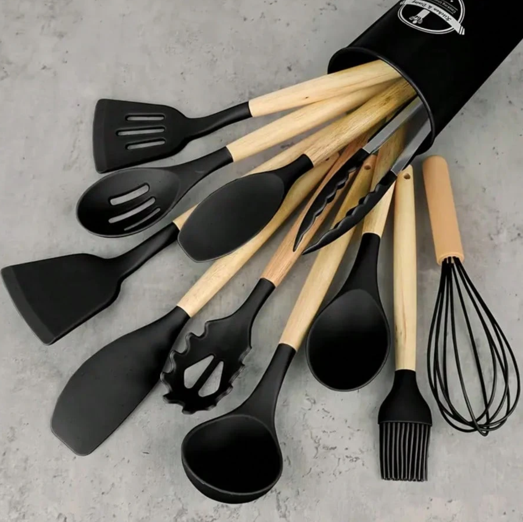 12pcs Silicone Utensil Set] 12pcs Non-Stick Silicone Kitchen Utensil Set With Wooden Handles | And Easy To