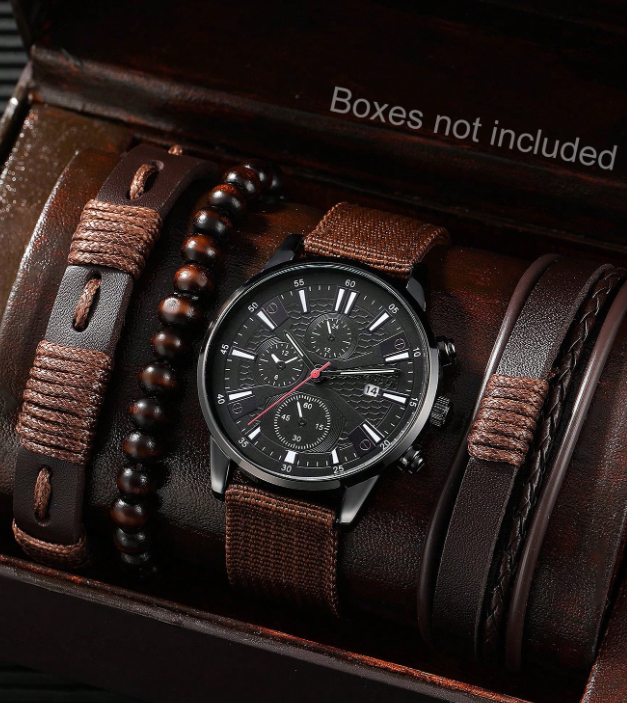 4Pcs/Set Men's Watch Calendar Casual Sports Fashion Industrial Style Round Dial Quartz Watch And Leather Bracelet For Men, Punk Bracelet Set