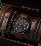 4Pcs/Set Men's Watch Calendar Casual Sports Fashion Industrial Style Round Dial Quartz Watch And Leather Bracelet For Men, Punk Bracelet Set