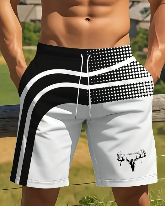 Men'S Stylish Geometric Deer Head Print Beach Shorts - 3D Design, Drawstring Waist, Lightweight Polyester, Perfect for Golf, Fishing, Basketball, Camping, Gym, Swimming & Summer Activities, Swim Trunks