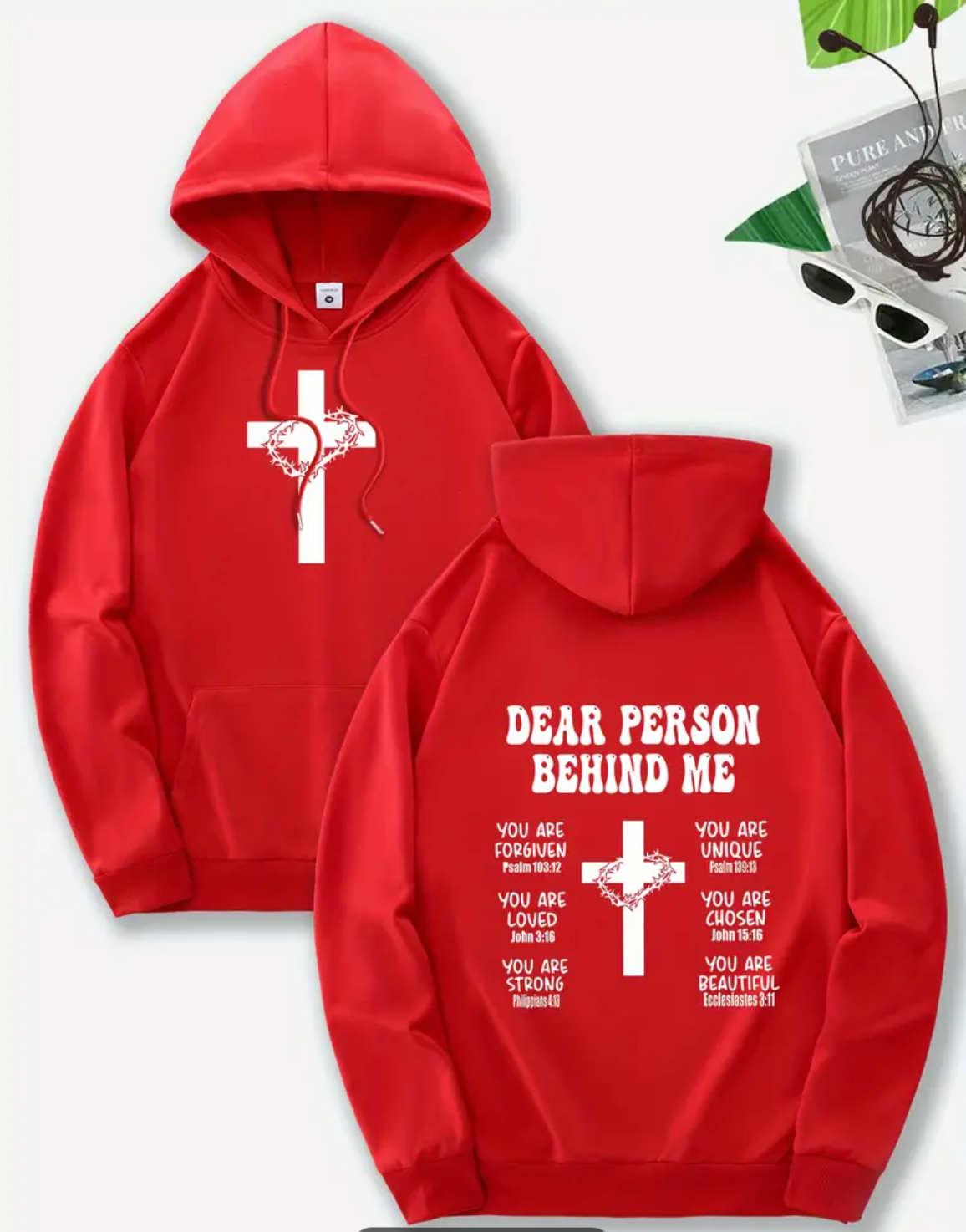 [Everyday Pullover] Men's Inspirational Brown Hoodie with Cross & "Dear Person Behind Me" Print - Casual Streetwear Pullover with Drawstring, Kangaroo Pocket, Polyester, Machine Washable for Spring/Fall, Oversized Hoodie