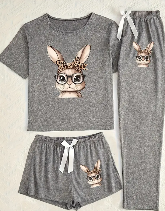 Elegant Easter Bunny Print 3pcs Loungewear Set - Crew Neck, Solid Color Top with Glasses & Bow Tie Shorts, All-Season Women'S Fashio