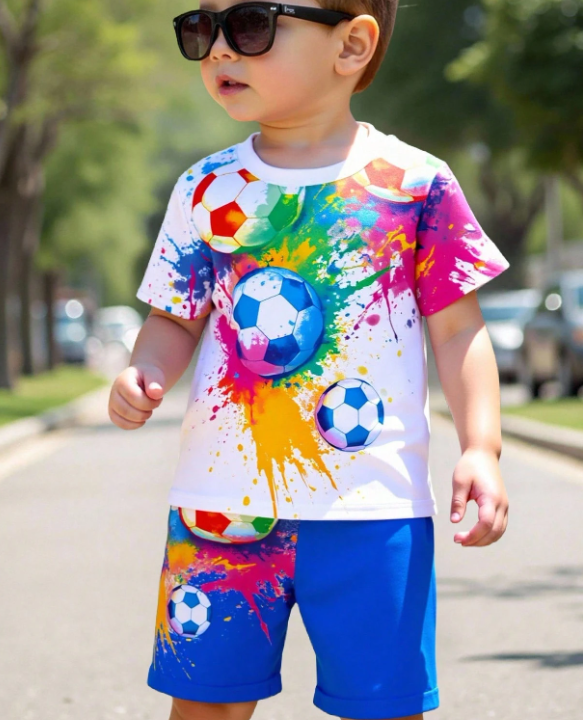 1 Set Young Boys' Sports Style Outfit, White Graphic Tee With Splashing