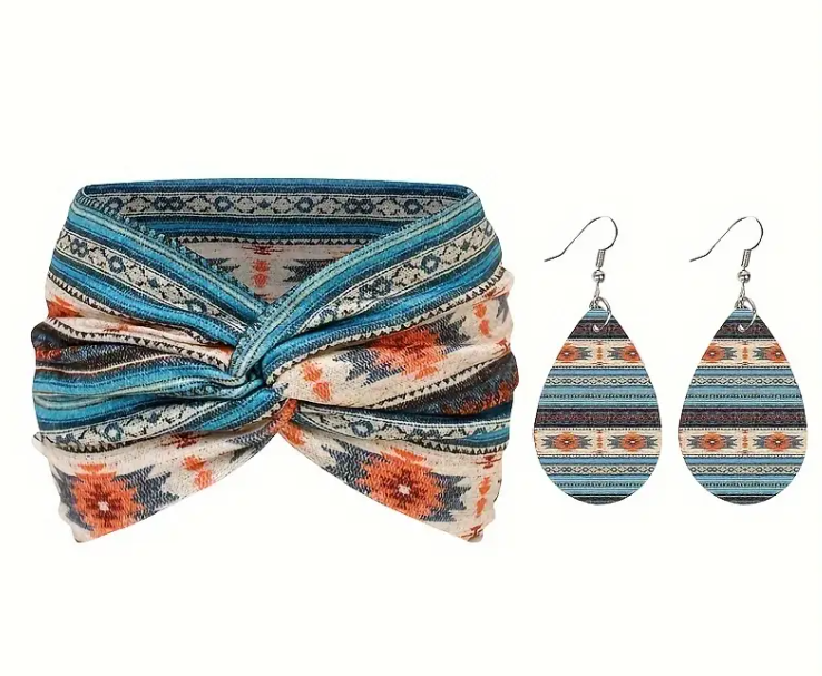 Bohemian Style Headband and Earrings Set - 2pcs, Polyester Boho Wide Printed Cross Knot Hairbands with Matching Earrings, Breathable, High Elastic, Washable, Lightweight, Daily Use Headband Sets for Women - Multiple Patterns Available