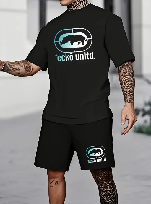 Streetwear Trend! Rhino Gradient Print Short Sleeve Shorts Set