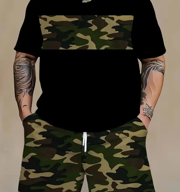 Men's Streetwear Camouflage Print T-Shirt and Shorts Set, PLUS SIZE