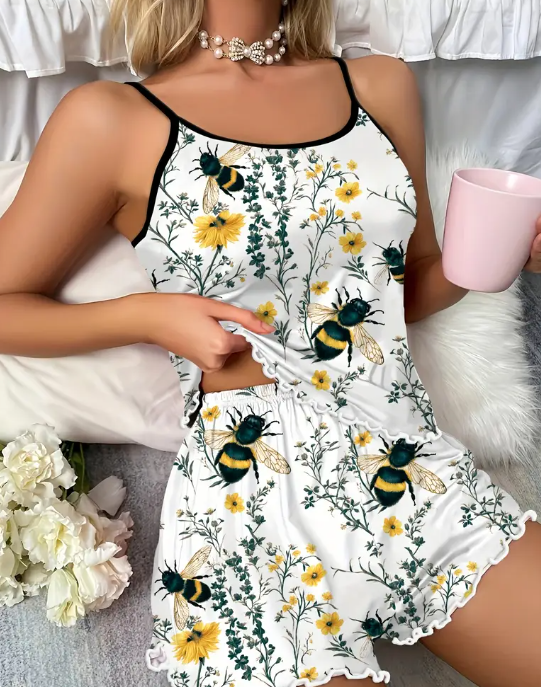 Women's Camisole and Shorts Pajama Set with Full Print of Honey Bees