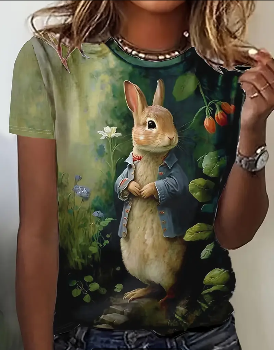 Cute Rabbit Print T-shirt, Casual Crew Neck Short Sleeve Top For Spring & Summer, Women's Clothing