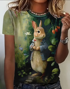 Cute Rabbit Print T-shirt, Casual Crew Neck Short Sleeve Top For Spring & Summer, Women's Clothing