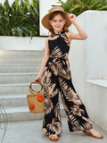 Tween Girl Tropical Print Halter Neck Belted Jumpsuit