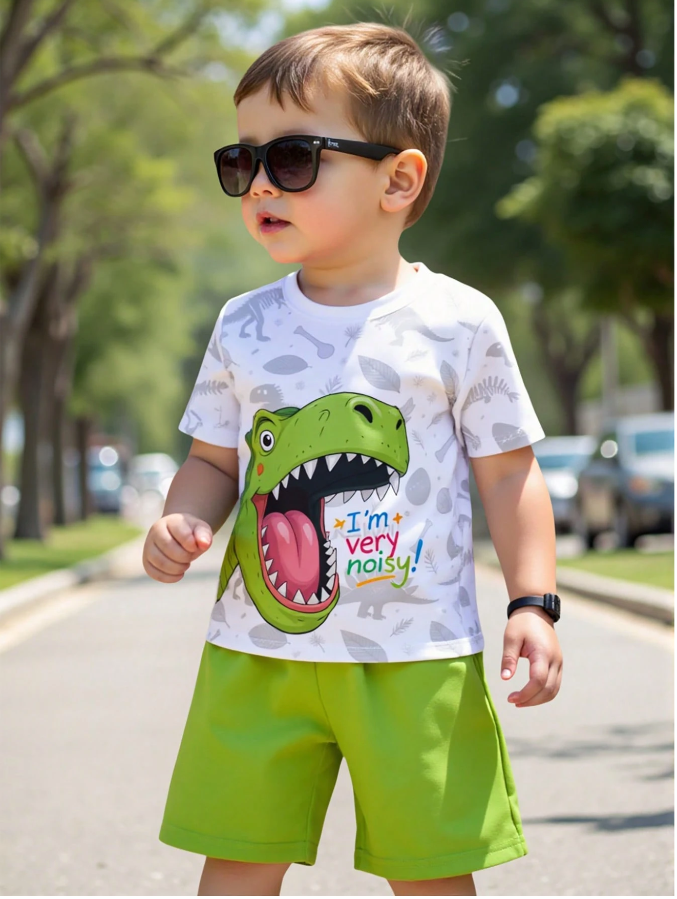 GraphicGems 1 Set Young Boys Cartoon Print T-Shirt With Cute Green Dinosaur & "I'm Very Noisy!"