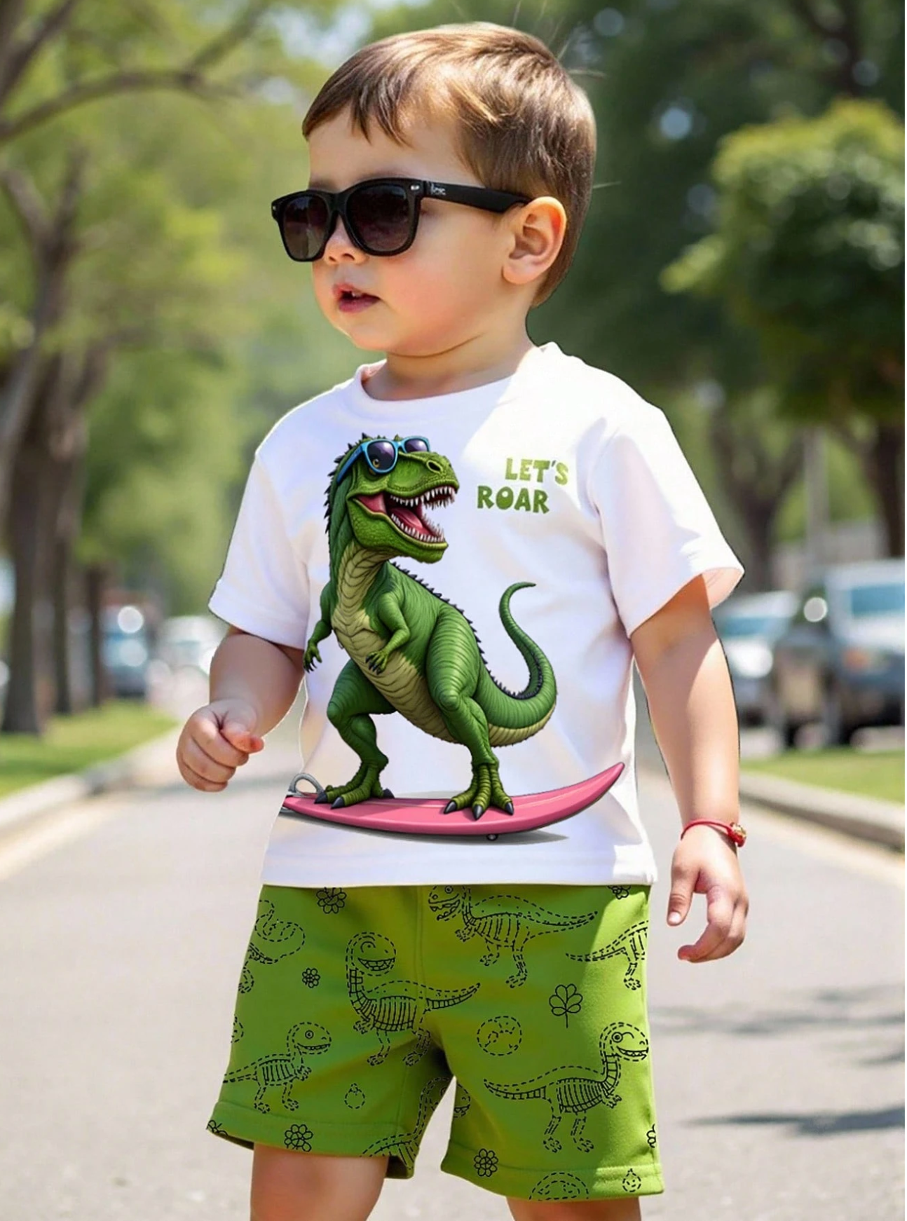 Playful Pals 2pcs Young Boys Casual Adorable Cartoon Set, T-Shirt With Surfing Dinosaur & "LET'S ROAR" Print, Shorts Covered In Dinosaur Sketches, Short Sleeve T-Shirt And Shorts Set Suitable For Daily Play, Spring/Summer Casual Outfit
