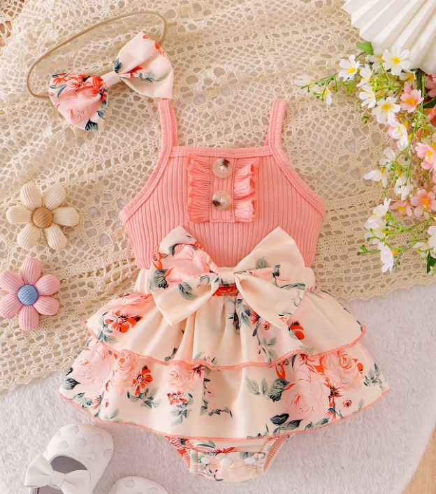 2pcs Baby Girls Floral Layered Ruffled Patchwork Romper Dress With Bow Decoration