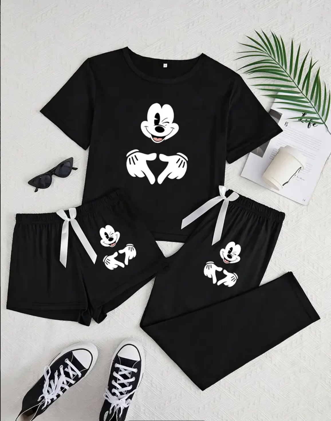 Official Disney Stitch Pajama Set 3pcs for Teen Girls, Casual Loungewear Comfortable Sleepwear Cartoon Print Short Sleeve Top + Shorts + Long Pants Soft Fabric Holiday Gift Premium Selection, For Teenager