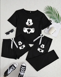 Official Disney Stitch Pajama Set 3pcs for Teen Girls, Casual Loungewear Comfortable Sleepwear Cartoon Print Short Sleeve Top + Shorts + Long Pants Soft Fabric Holiday Gift Premium Selection, For Teenager