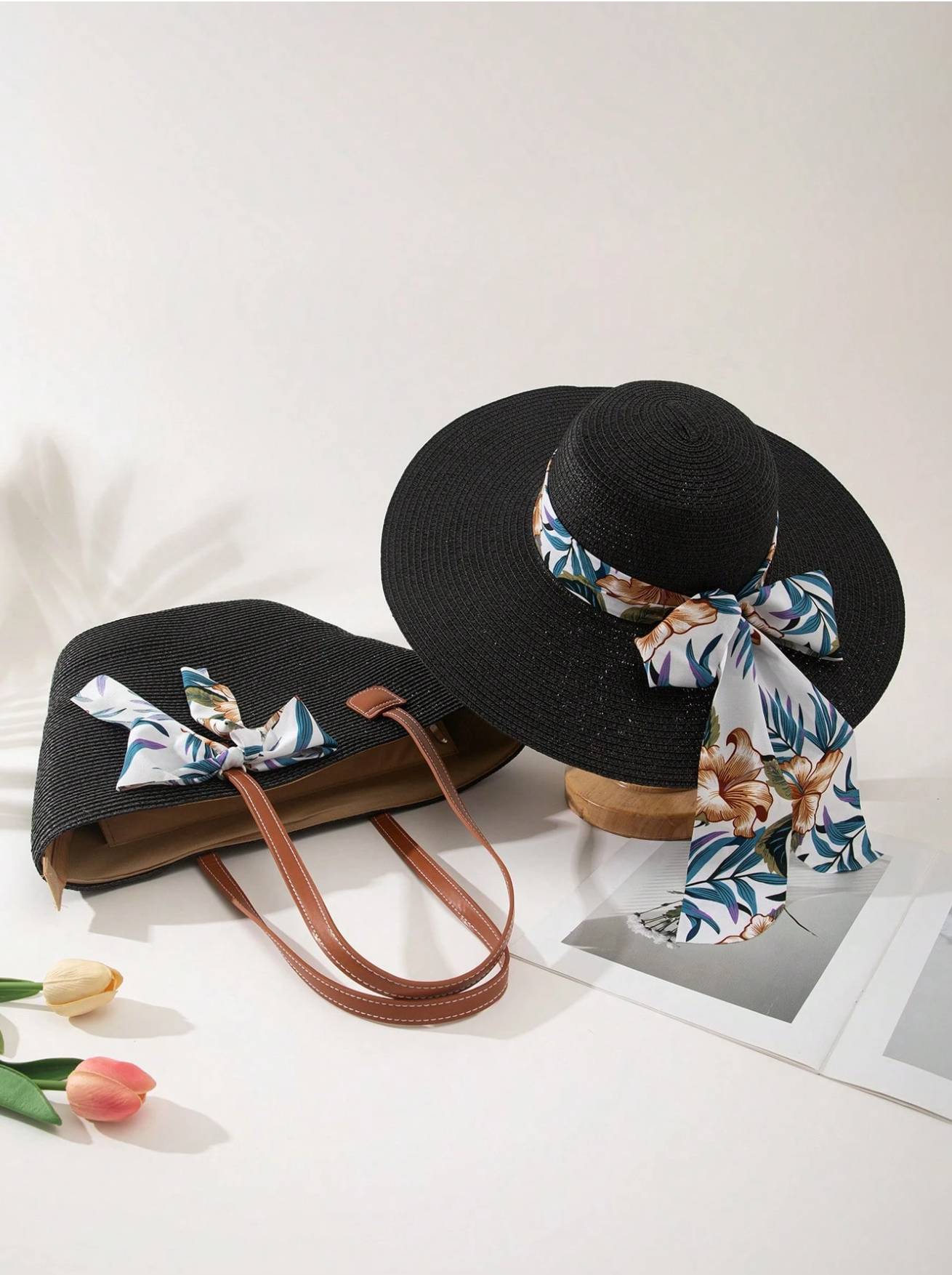 1 Scarf Decorated Sun Hat + 1 Handbag Set