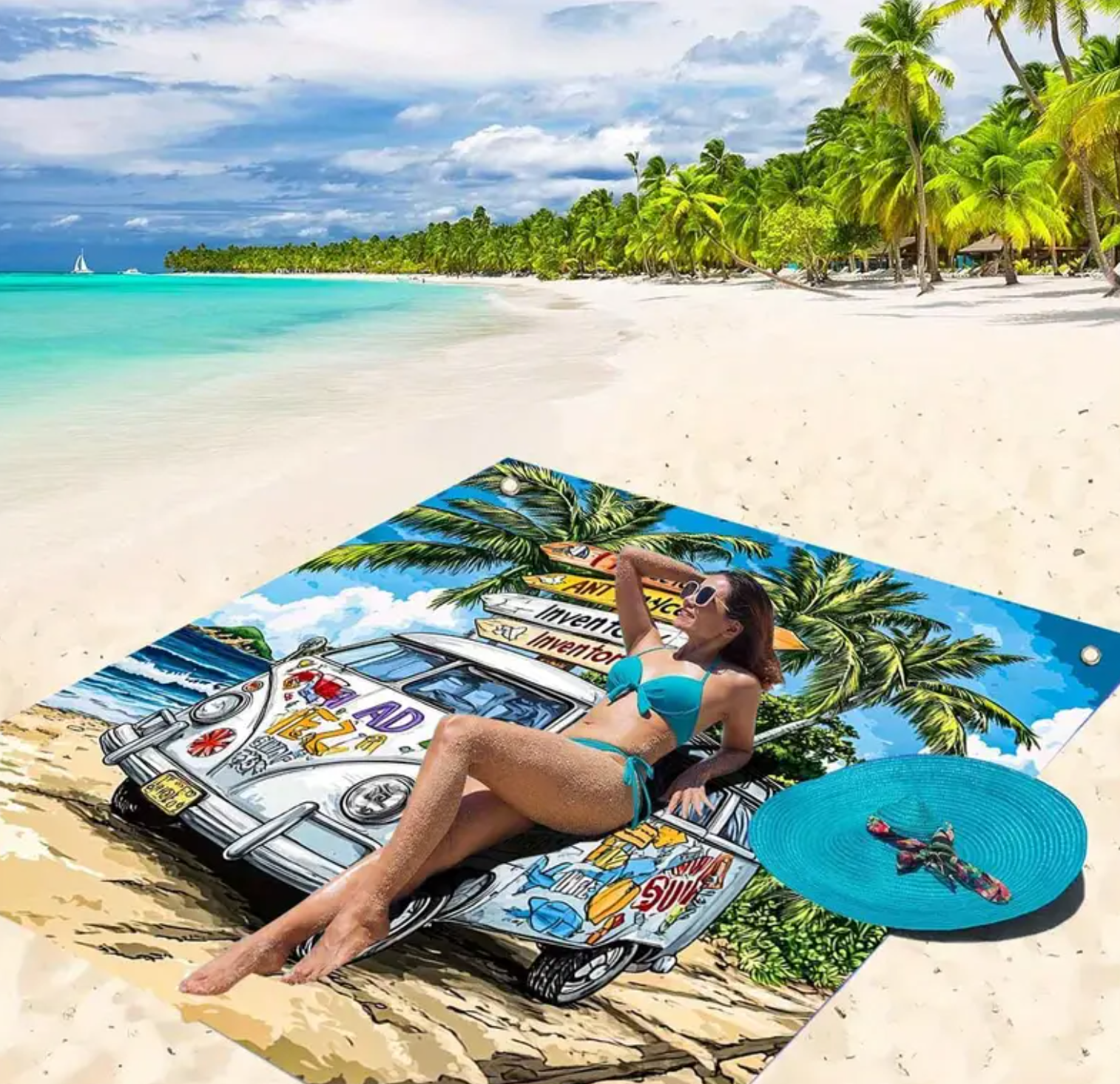1pc Vintage Beach Camper Van Print Oversized Beach Towel - Soft Absorbent Quick-Dry Large Square Towel for Pool, Beach, Travel & Summer Vacations - Retro Palm Tree Design with Vibrant Colors, Poolside Accessory