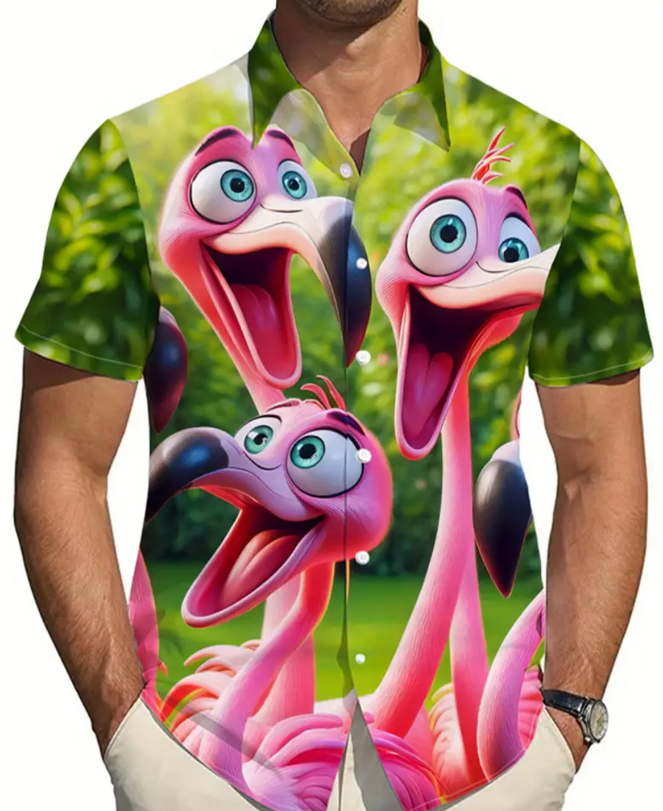 Men'S 3D Flamingo Print Short Sleeve Shirt - Vibrant Pink & Green Casual Summer Shirt with Button-Up Front