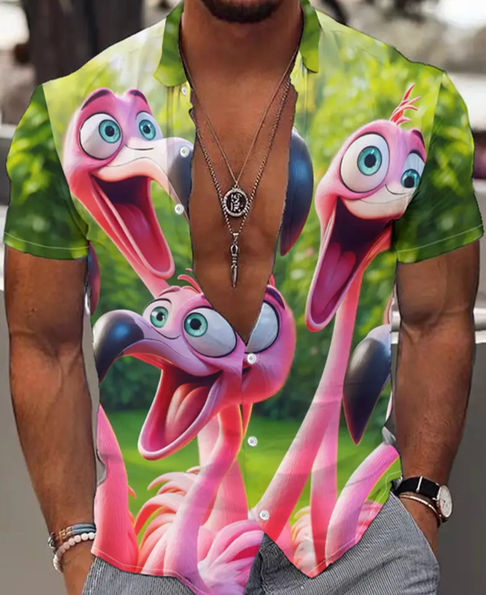 Men'S 3D Flamingo Print Short Sleeve Shirt - Vibrant Pink & Green Casual Summer Shirt with Button-Up Front